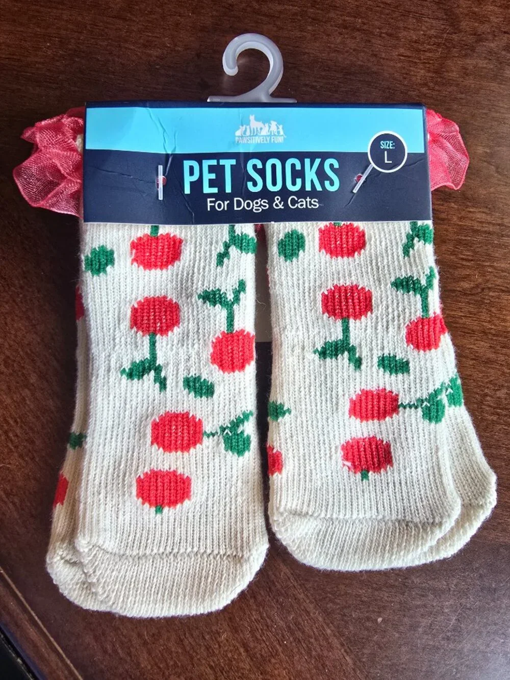 NWT Pawsitively Fun! Cherry Print Dog Cat Pet Socks Non-Slip Grips Size L NEW